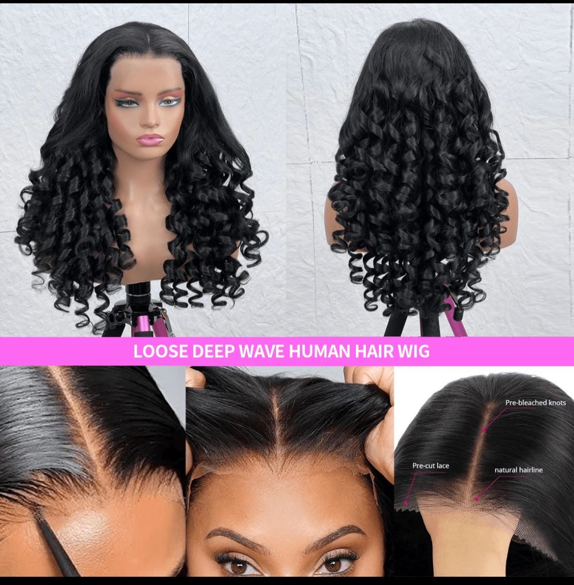 4x4 Glueless wings human Hair Pre Plucked Pre cut Deep Wave Lace Front Human Hair