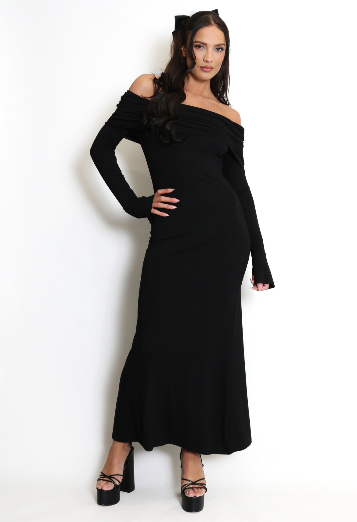 Bardot Maxi Dress With Flute Sleeve