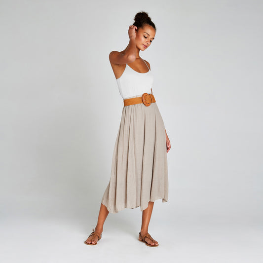 Crinkle shimmer belt midi skirt