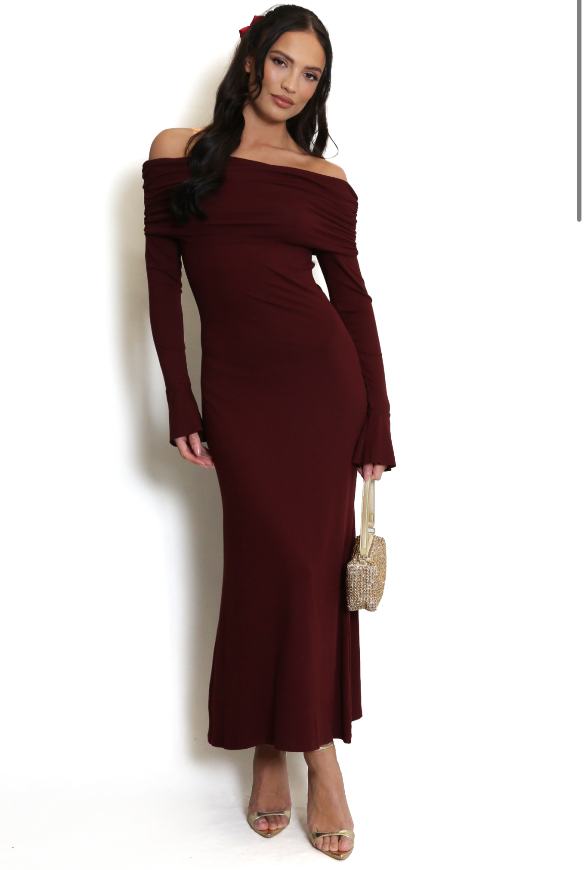 Bardot Maxi Dress With Flute Sleeve