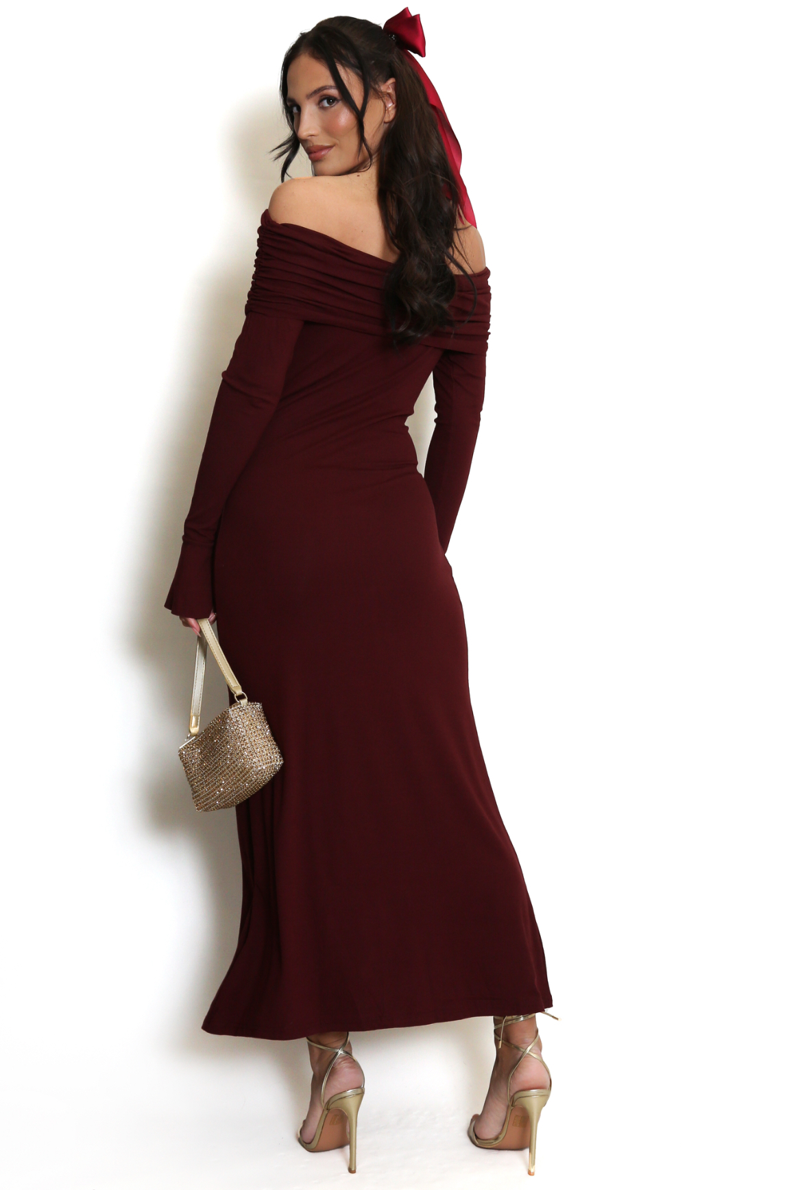 Bardot Maxi Dress With Flute Sleeve