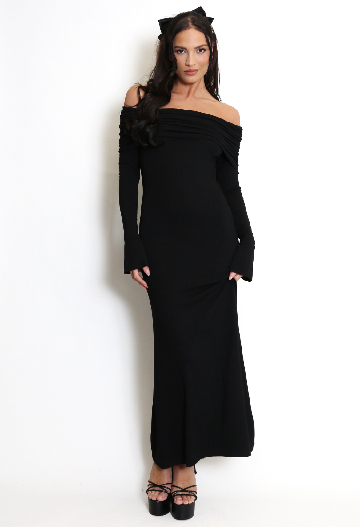 Bardot Maxi Dress With Flute Sleeve
