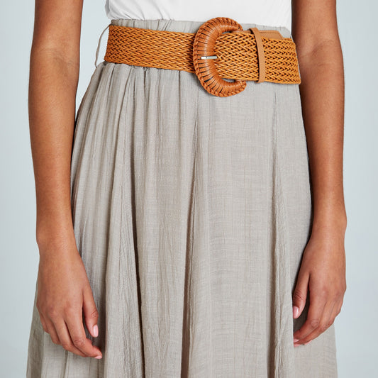 Crinkle shimmer belt midi skirt